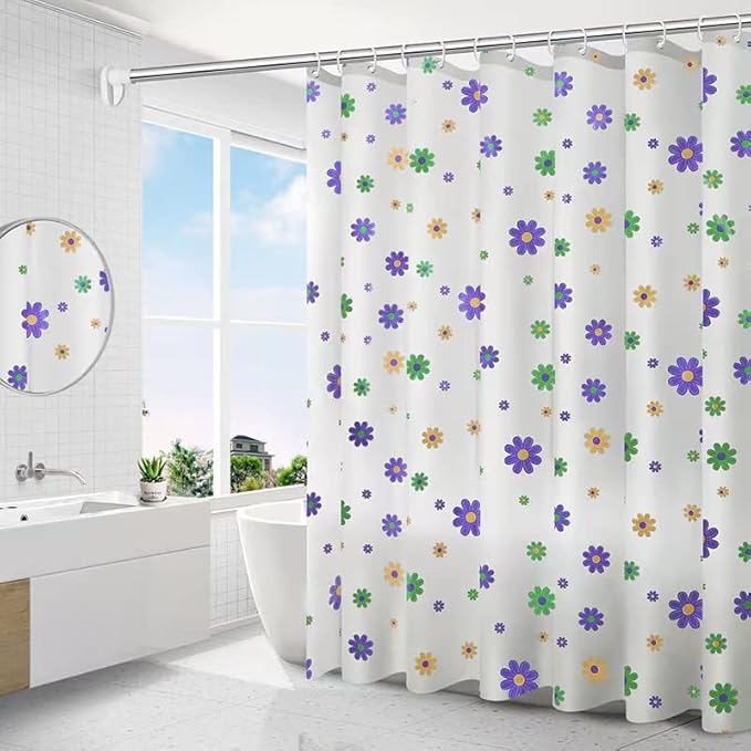 Windecood シャワーカーテン 防水防カビ加工 (紫の花, 120×180cm)