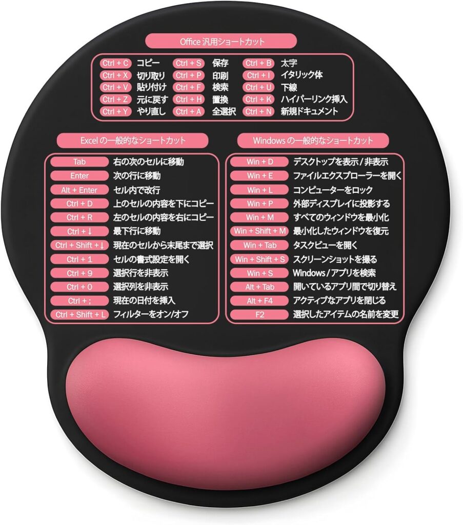 【Senetem】リストレスト付きマウスパッド(ショートカットキー印刷)