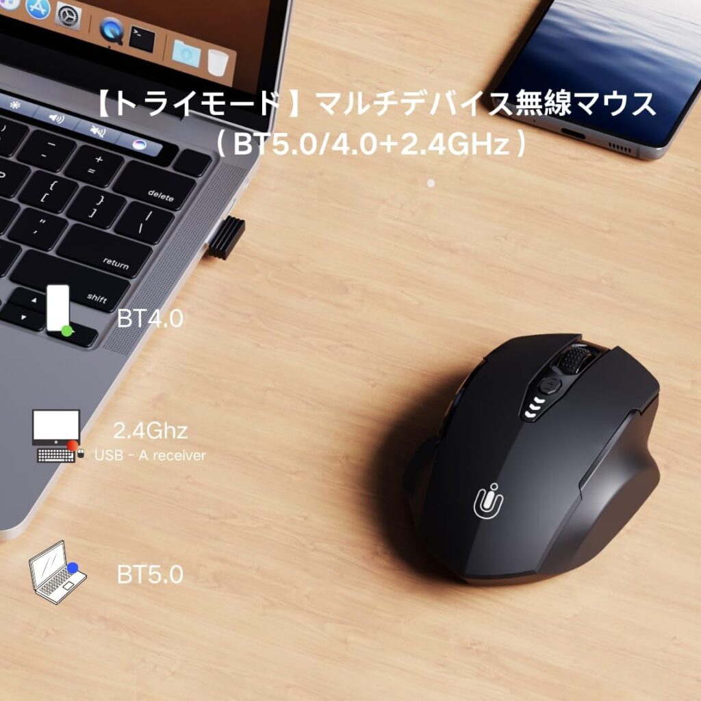 【Uineer】Bluetooth トライモード充電式エルゴノミクスマウス(4段階DPI調整)